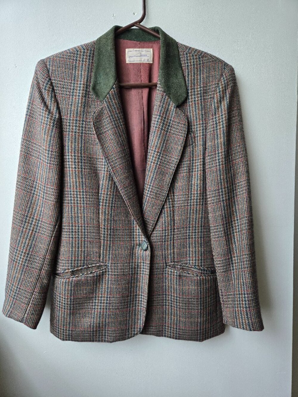 Lindor Womens LG Houndstooth Wool Blazer Suede Collar Academia Equestrian Boy